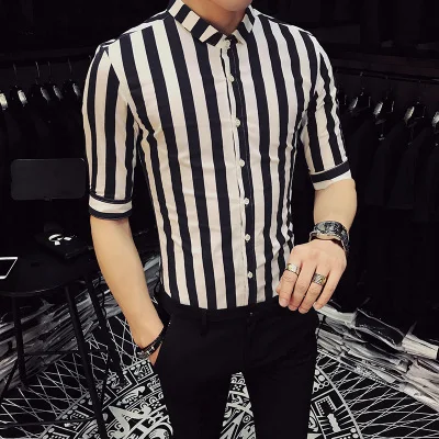 Высокое качество Для мужчин лето социальных платье-рубашка Фирменная Новинка Slim Fit Striped мужская одежда рубашки Половина рукава Однобортный блузка Homme - Цвет: Черный