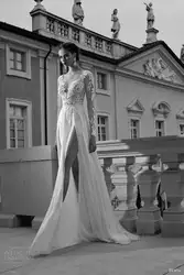 Новинка, v-образный вырез, длинный рукав, vestido de noiva, высокая щель сбоку, кружевные вечерние платья для выпускного вечера, свадебное платье 2018