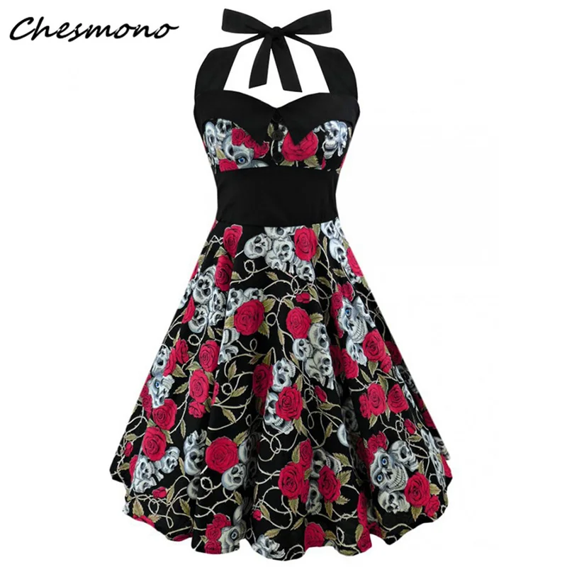 En Ligne Grande taille femmes Floral crâne imprimer épaule dénudée Sexy licou robe rétro Vintage Hepburn Style 2018 nouveau Pin Up Rockabilly Vestido