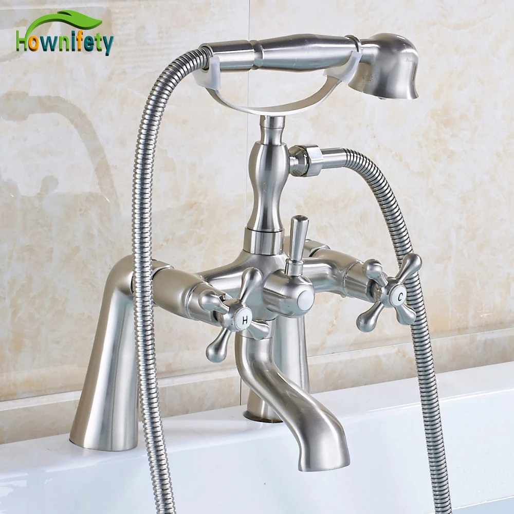 

Brushed Nickel Bathtub Faucet Double Handles Mixer Shower Faucet with Hand Shower Deck Mount
