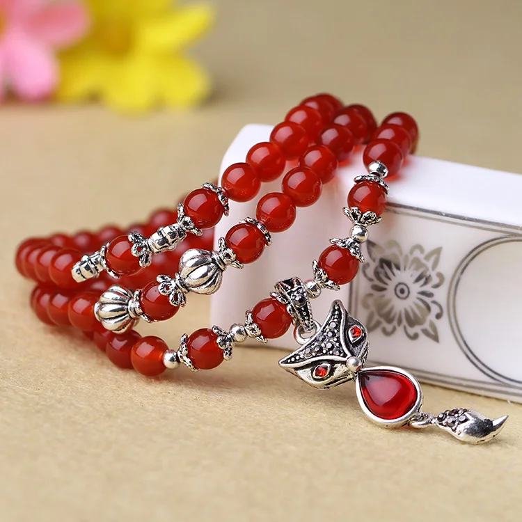 

Natural red agate bracelet 6 mm multi-ring plus Tibetan silver small fox pendant cb53#