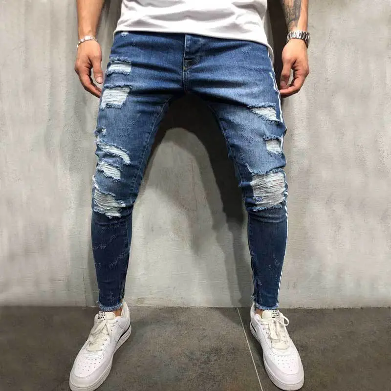 Мужские стильные рваные джинсы брюки байкерские тонкие прямые хип хоп потертые джинсовые брюки Новые Модные узкие джинсы одежда джинсовые брюки - Цвет: 2017