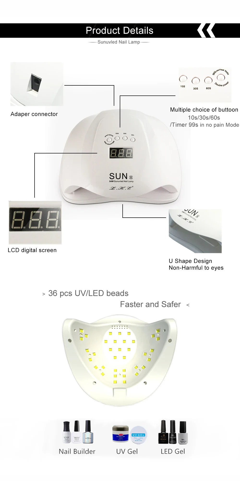 LKE Сушилка для ногтей 48 Вт 54 Вт Светодиодный светильник для сушки ногтей УФ-гель SUN X 30 s/60 s кнопочный таймер автоматический индукционный светильник для маникюра лампа для дизайна ногтей