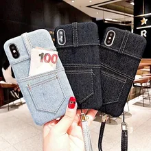 Тканевый чехол для телефона для iPhone 7, чехол 6, 8 Plus, X, XS, Max, XR, держатель для карт, карман, кошелек с ремешком, джинсы, мягкий ТПУ, джинсовая ткань, чехол