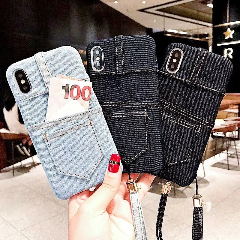 

Cloth phone case For iPhone 7 case 6 8 Plus X XS Max XR Card Holder pocket wallet With Lanyard Jeans Soft tpu Denim Cloth Cover