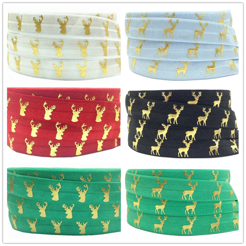 

Hot Sale Gold Deer Elk Print Fold Over Elastic 5/8" Antlers FOE Elastic Ribbon for Hair Tie DIY Head wear Hair Accessory 10 yard