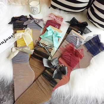 

12 Pairs Glitter Mesh Women Socks Fashion Bowknot Girl Meias Shiny Harajuku Soft Ladies Funny Socks Transparent Elastic Hosiery