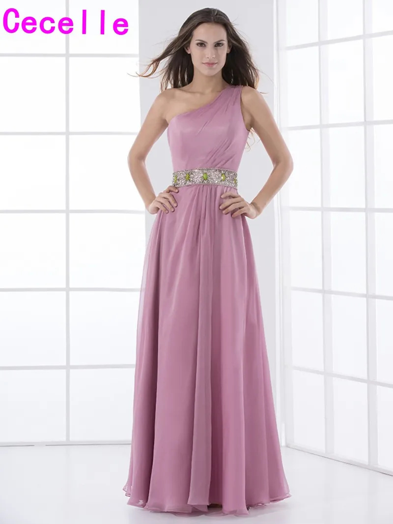 Розовое шифоновое длинное платье подружки невесты на одно плечо ТРАПЕЦИЕВИДНОЕ бледно-Розовое женское вечернее платье для свадебной
