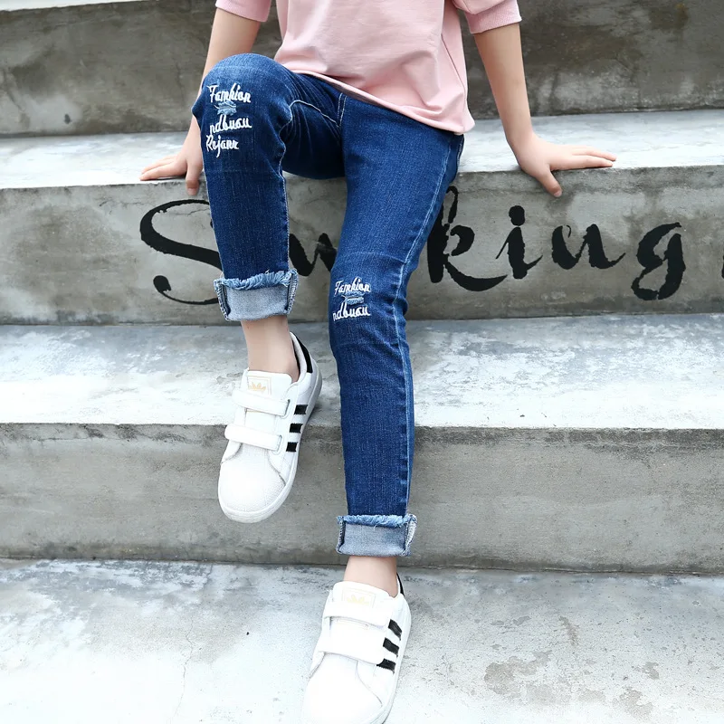 11.11 deals Childrenswear Girls Autumn Jeans Embroidered Letters Holes