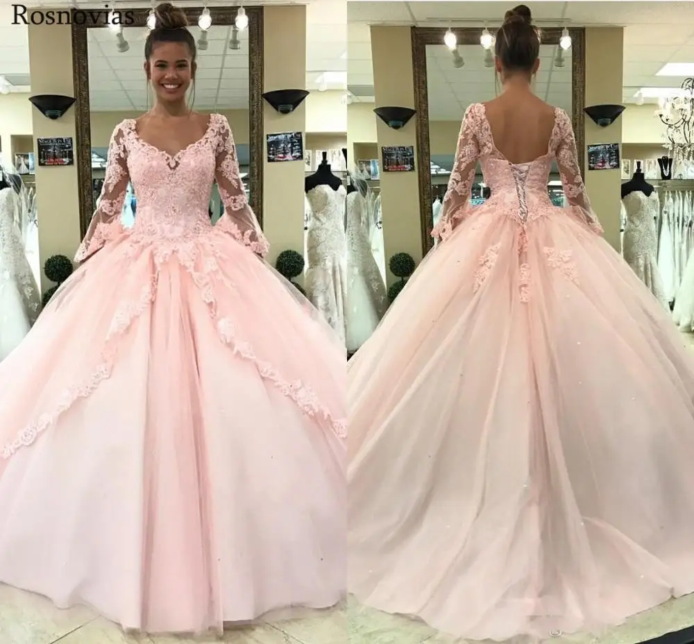 pink ball gown with sleeves