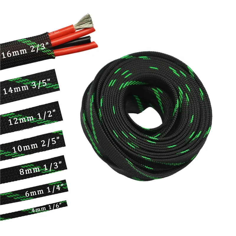 33ft-10m 4 6 8 10 12 14 16 мм зеленая черная оплетка ПЭТ расширяемая оплетка высокой плотности Плетеный кабель рукава ткань кабель DIY