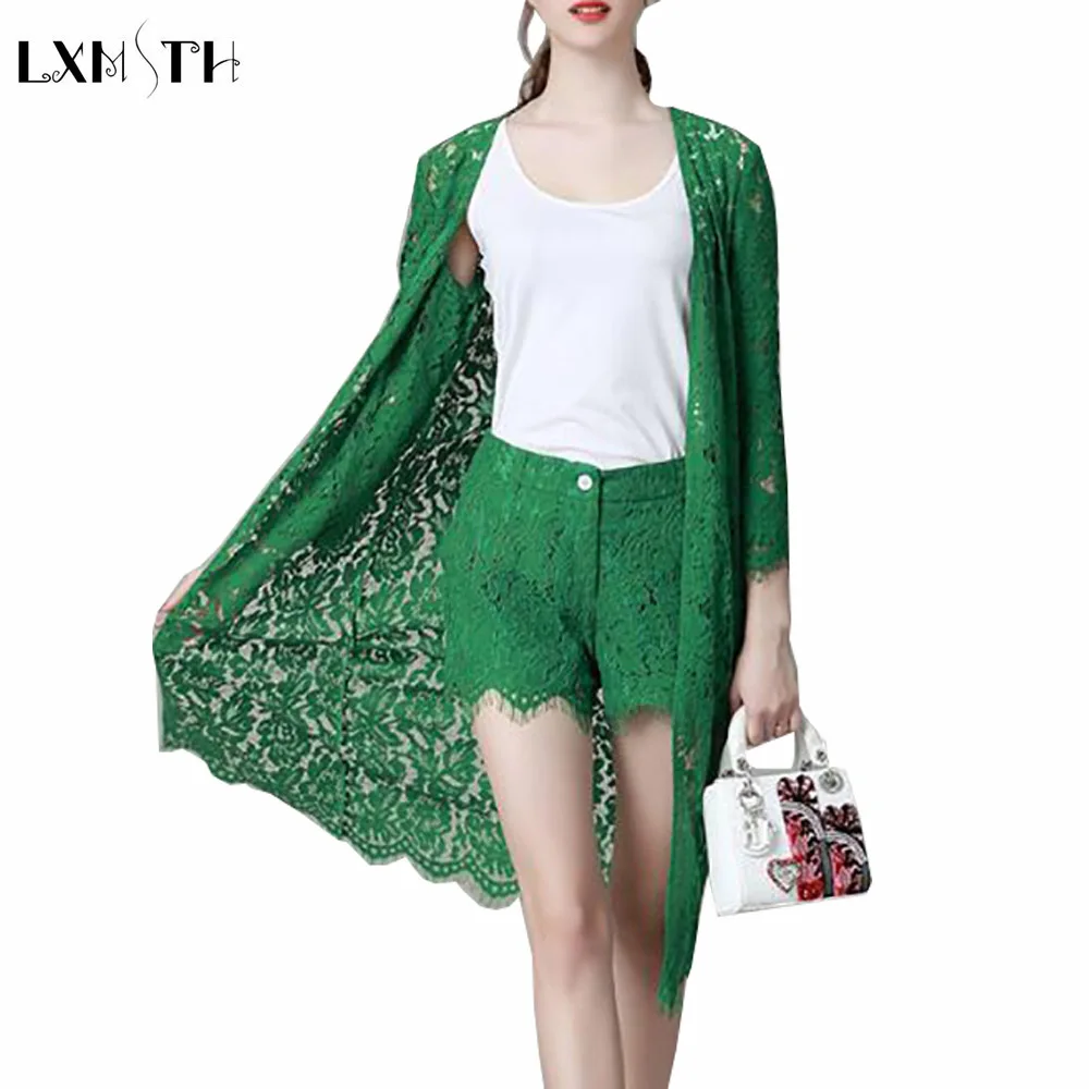 

LXMSTH 3 Piece Set Women 2019 Spring Summer Hollow Out Long Lace Cardigan Vest Ladies Shorts Sets Woman Suits Elegant Pink Green