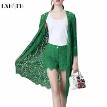 ФОТО lxmsth 3 piece set women 2018 spring summer hollow out long lace cardigan vest ladies shorts sets woman suits elegant pink green