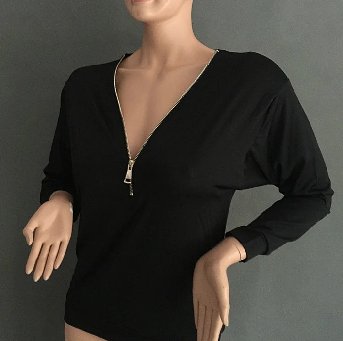 Women Sexy Fashion Batwing Sleeve Blouse Deep V Collar Zipper Sweater Long Sleeved T-shirt Plus Size S-5XL (10)