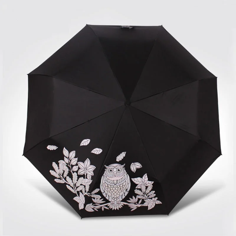 

Owl UV-Protection Women Umbrella Folding Umbrellas For Black And White Pattern Becomes Color Pattern When Sprayed By Water