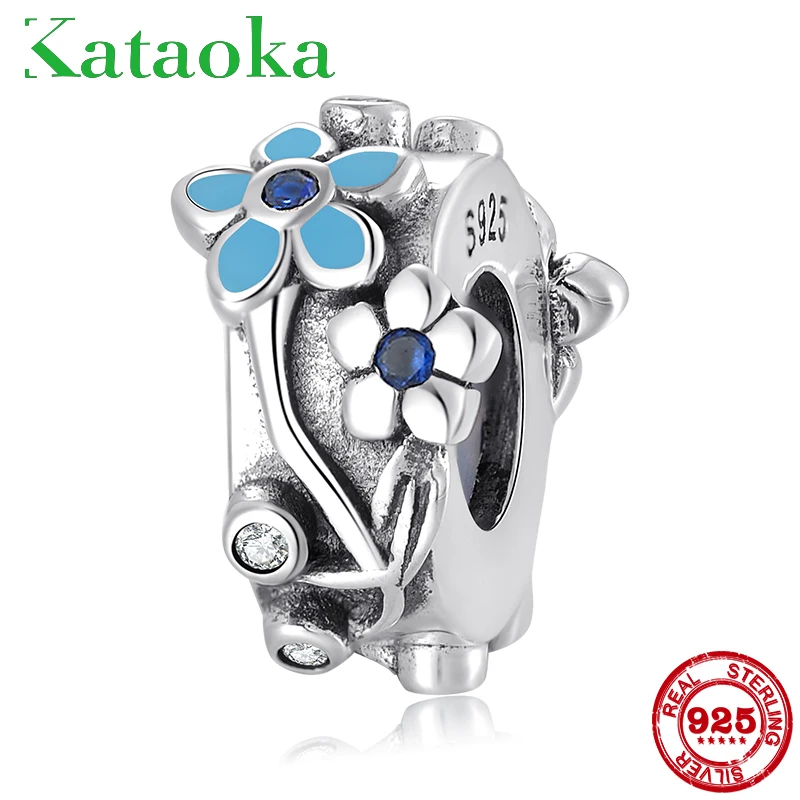 

Real 925 Sterling Silver Blue Spring beautiful Flowers Stopper spacer beads Fit Original Pandora Charm Bracelet Jewelry making