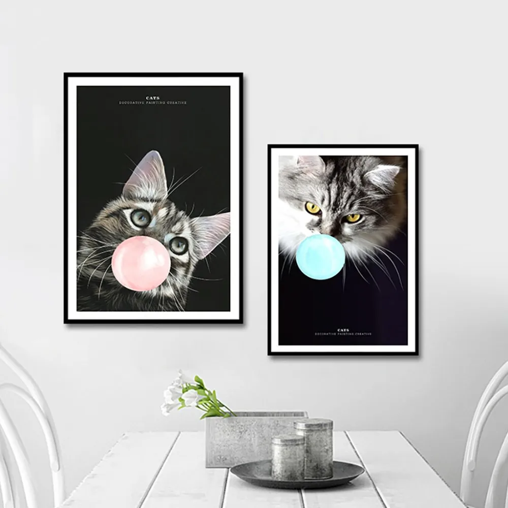 NUOMEGE-Nordic-Animal-Pet-Cute-Cat-Poster-Print-Minimalist-Wall-Art-Canvas-Painting-Blowing-Bubbles-Picture