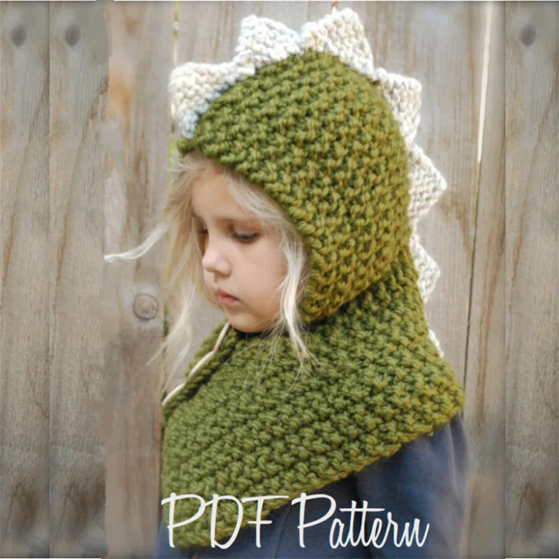 Handgefertigte Dinosaurier-Mütze für Kinder, Eleka-Strickmütze, Halstuch, Schlauchschal mit 3 Knöpfen, Loop-Schal und Mütze_voghion.com