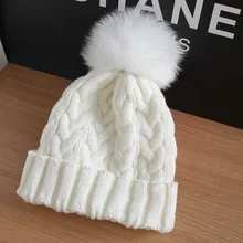 Взрослой Леди Природный Настоящее Лисий Мех Pom Poms Шапочка Hat Cap мяч Теплая Зима Вязаный Шерстяной Шляпа Женская Черный Белый Розовый Красный военно-морского флота