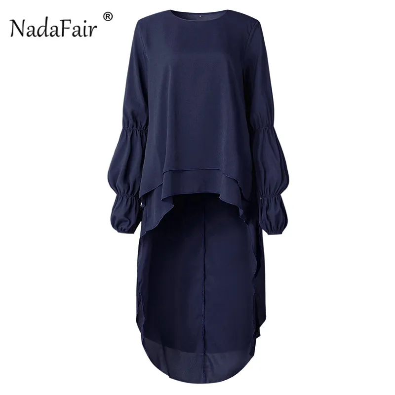 Nadafair размера плюс Туника женская блузка с длинным рукавом оборками капля подол шифон Повседневная Длинная рубашка женские топы