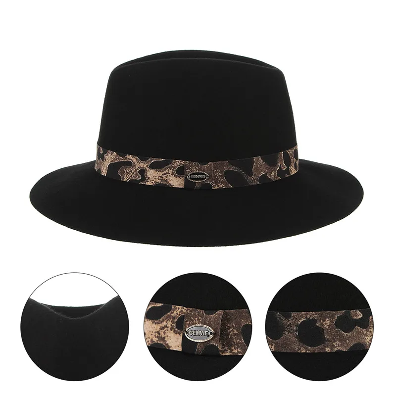 Шерстяные фетровые шляпы для женщин, джазовая Кепка, Классическая одноцветная шляпа с широкими полями, джазовая шляпа с леопардовой лентой, Панама