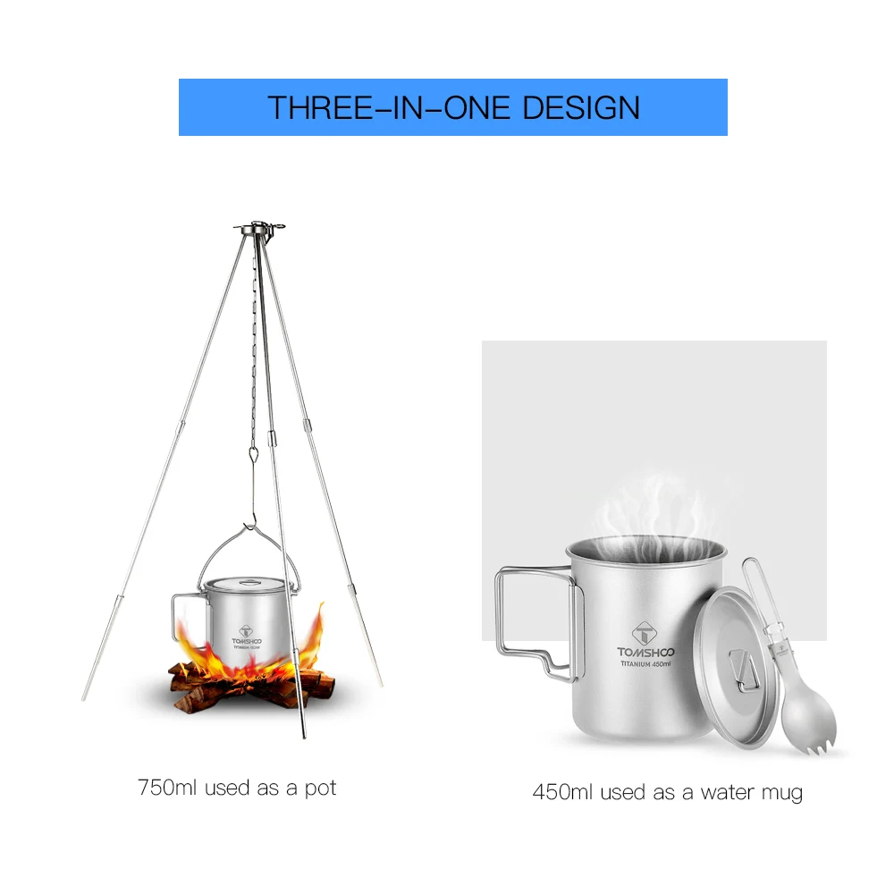 TOMSHOO легкий титановый набор из 3 предметов, титановый горшок 750 мл, чашка для воды 450 мл, кружка с крышкой, складная ручка, складная ложка-вилка