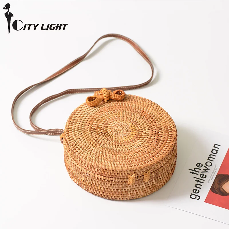 

Handmade Woven Bag Round Butterfly buckle Rattan Straw Bags Satchel Wind Bohemia Beach Circle Bag