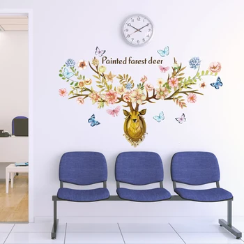 

Large Painted Forest Deer Butterfly Flower Wall Sticker Christmas Decoration Removable Sofa Chair TV Decor adesivos de parede