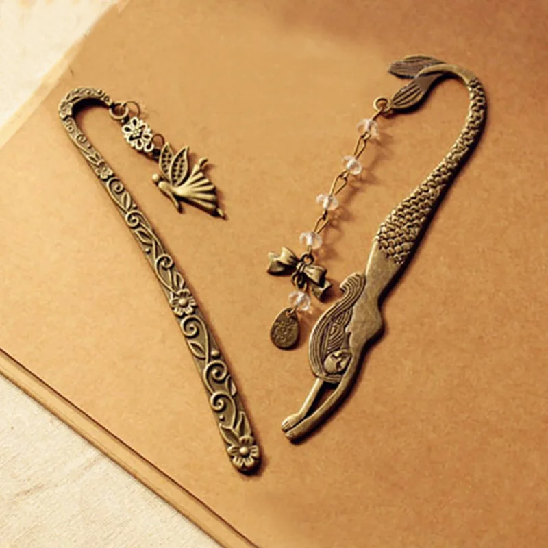 

2Pcs/Pack Novelty Retro Alloy Metal Bookmark Mermaid Beaded or Angels Butterfly Fashion Vintage Bookmark Stationery