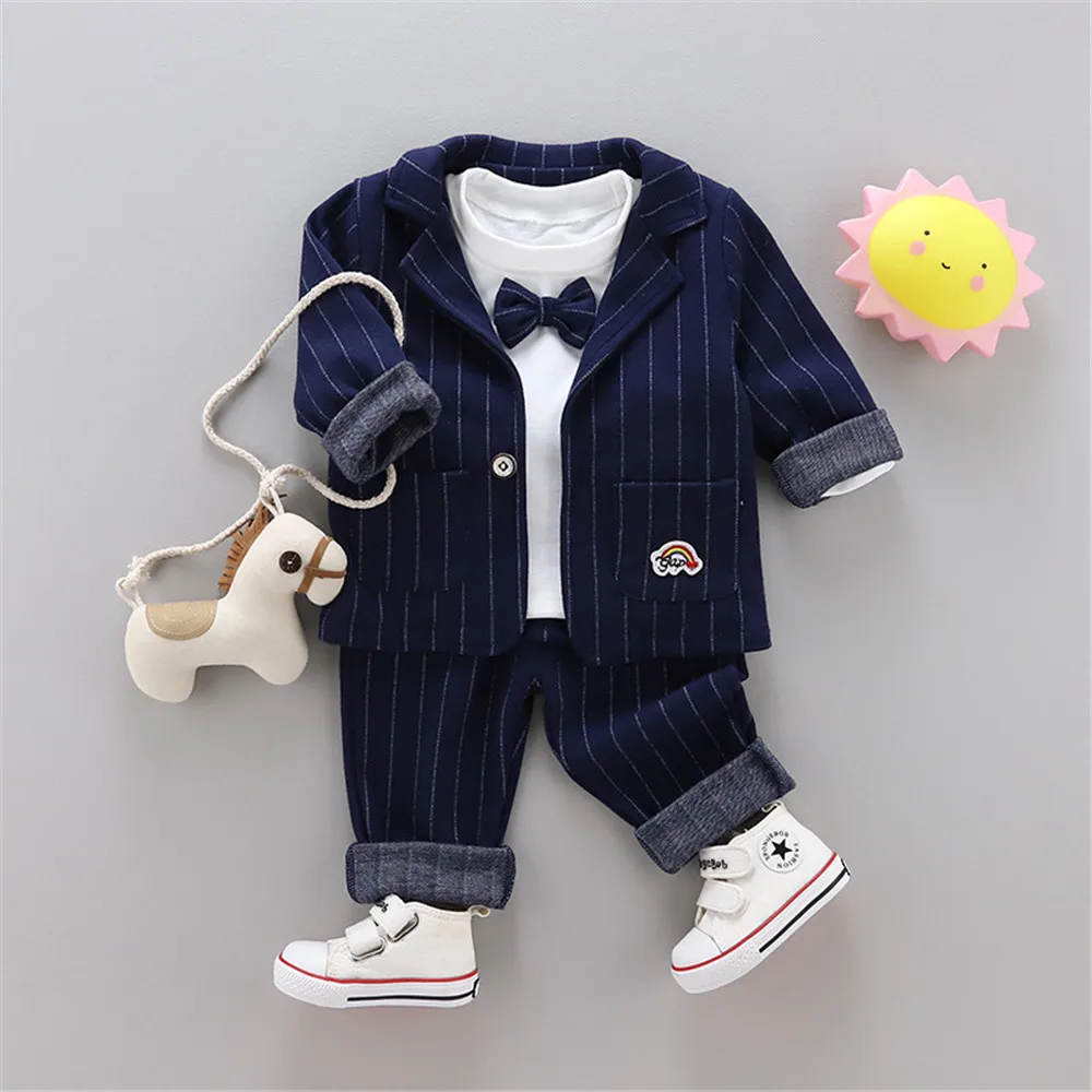 

3PCS Autumn Kids Baby Boys Suits Blazers Formal Suit Weddings Birthday Clothes Gentleman T-Shirt+Striped Jacket+Trousers Pants