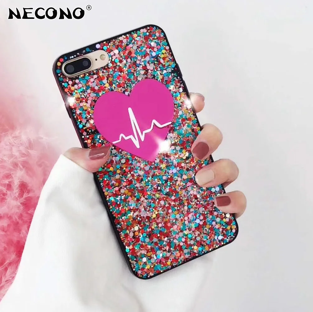 

NECONO Luxury Shinning Bling Glitter Flash Powder Phone Case For iPhone X 6 7 6s Plus 8 8Plus Love Heart Sequins Back Cover Case