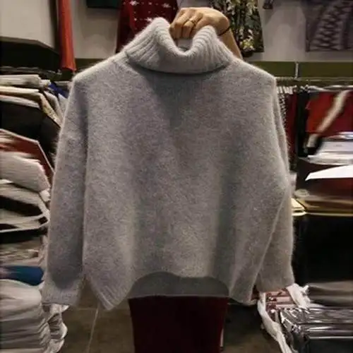 Зимний толстый теплый норковый кашемировый свитер женские негабаритные вязаные свитера с высоким воротом и пуловеры свободный белый пушистый свитер пальто - Цвет: Серый