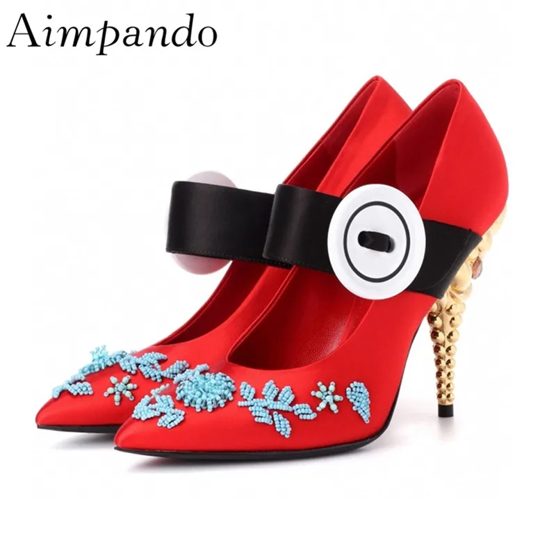 

Shallow Button Shoes String Bead Metal High Heels Temperamental Embroiderey Candy Color Runway Pumps