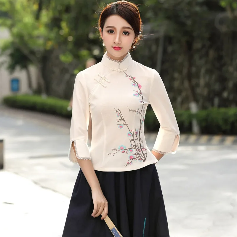 

SHENG COCO Linen Tops Cotton Embroidery Qipao Tops Chinese Ladies Chinese Vintage Clothing Cheongsam Tops Violet Folk Costume
