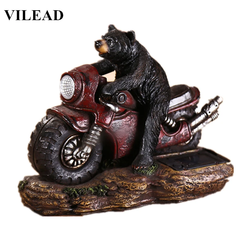 

VILEAD 9'' Resin Bear On Motor Figurine Cute Bear Statue Modern Animal Sculpture With Light Vintage Home Decor Creative Gift