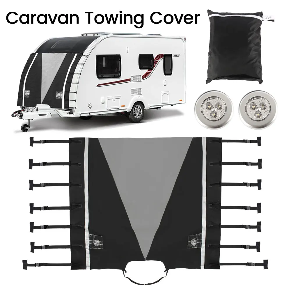 

Caravan Front Towing Cover with LED Light Hitch Fasteners Universal Protector 4 Reflective Strips for Motorhome Waterproof Dust