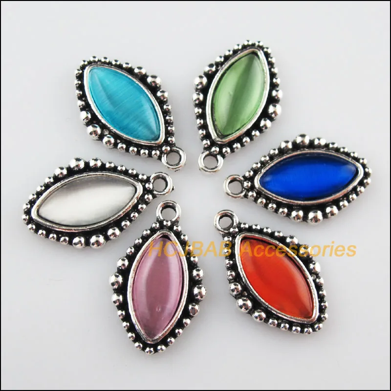 

Fashion 6Pcs Tibetan Silver Oval Eye Mixed CatEye Stone Charms Pendant 14.5x23.5mm