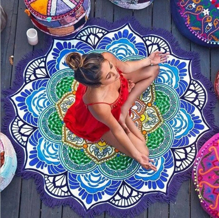 Lotus Печати Круглым Пляж шаль с кисточкой геометрическим принтом летние Для женщин Sandy плавание загорать детское одеяло покрывает 150x150 см