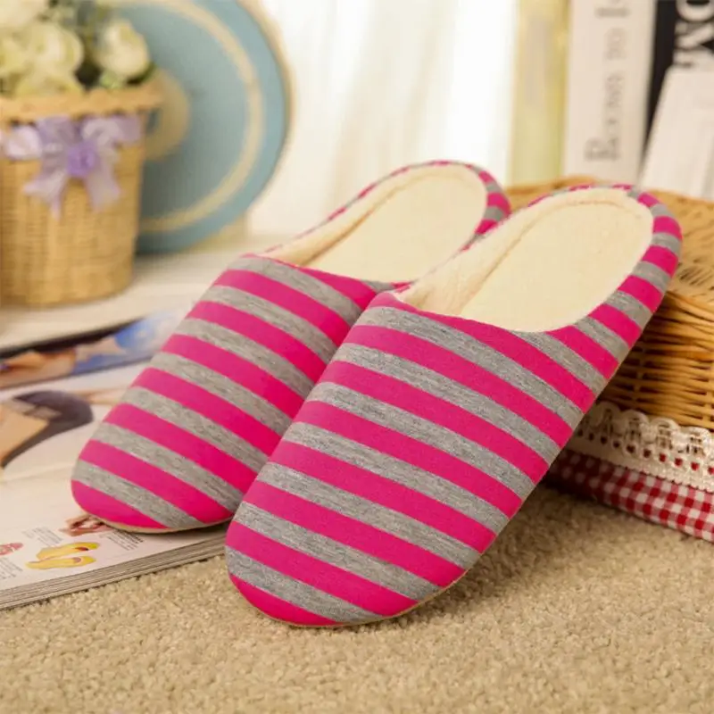 Зимняя женская бархатная тапочка кораллового цвета на новоселье; мягкие тапки для дома помещений; Хлопковая полосатая плюшевая обувь; Прямая поставка - Цвет: Rose