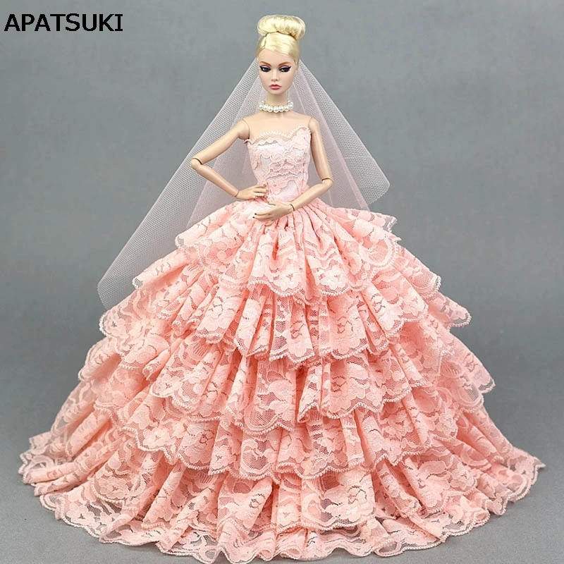 Pink Lace Wedding Dress for Barbie Doll Princess Evening Party Clothes Wears Long Dress Outfits With Veil 1/6 Doll Accessories Pink Lace Wedding Dress for Barbie Doll Princess Evening Party Clothes Wears Long Dress Outfits With Veil 1/6 Doll Accessories