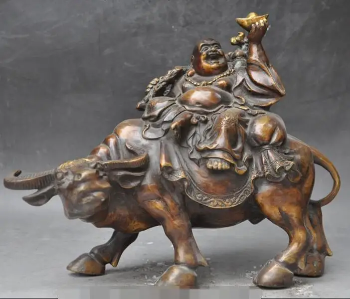 

S05757 china buddhism bronze wealth yuanbao happy laugh Maitreya buddha ride ox statue