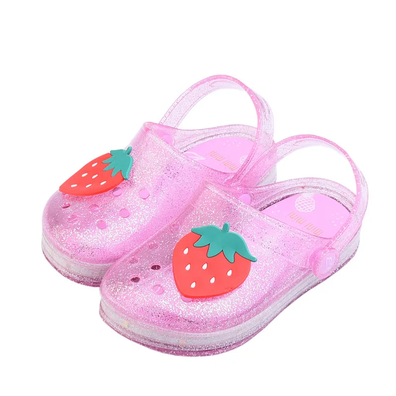 Обувь для девочек прозрачная фрукты с изображением клубники, банана тапочки со светодиодной подсветкой летняя детская одежда Non-slip отверстие светящиеся пляжные сандалии черного цвета; Размеры 25-35 - Цвет: B