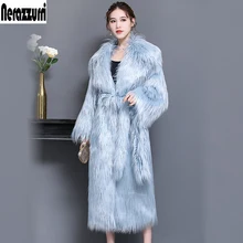 Зимнее женское пальто с искусственным мехом Nerazzurri, очень длинное, утепленное, с теплым поясом, пальто из искусственного меха размера плюс, мохнатая верхняя одежда 5xl 6xl 7xl