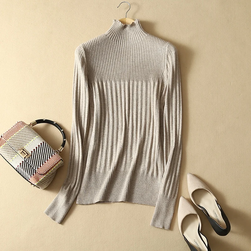 Autumn and winter new neutral simple cashmere sweater high collar vertical strip design ladies sweater large size warm top Autumn and winter new neutral simple cashmere sweater high collar vertical strip design ladies sweater large size warm top