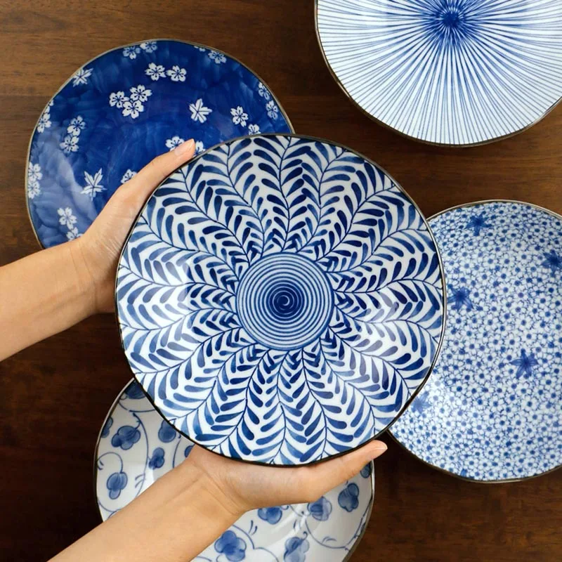 

8 inch Japanese Style Blue and White Porcelain Tableware Ceramic Dinner Plate Breakfast Pasta Dish Fruit Sushi Tray Accessories