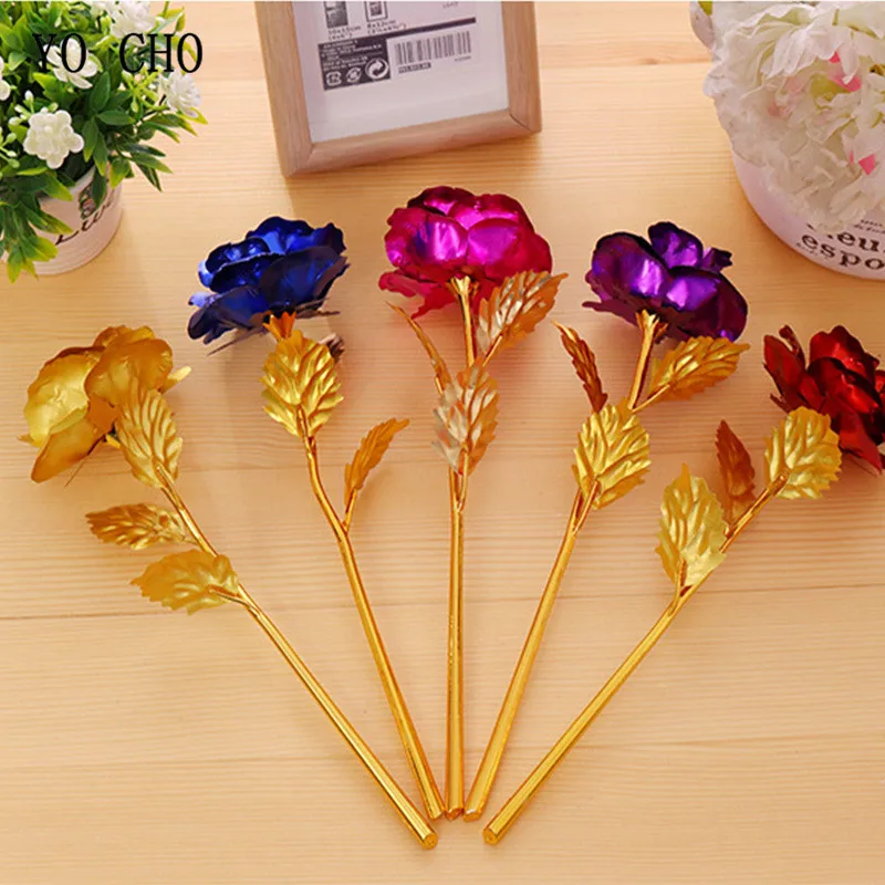 YO CHO 24 K Gold Foil Roses Artificial Flowers Home Decoration Mother's Day Big Flower Heads With Stem Anniversary Gift Flower