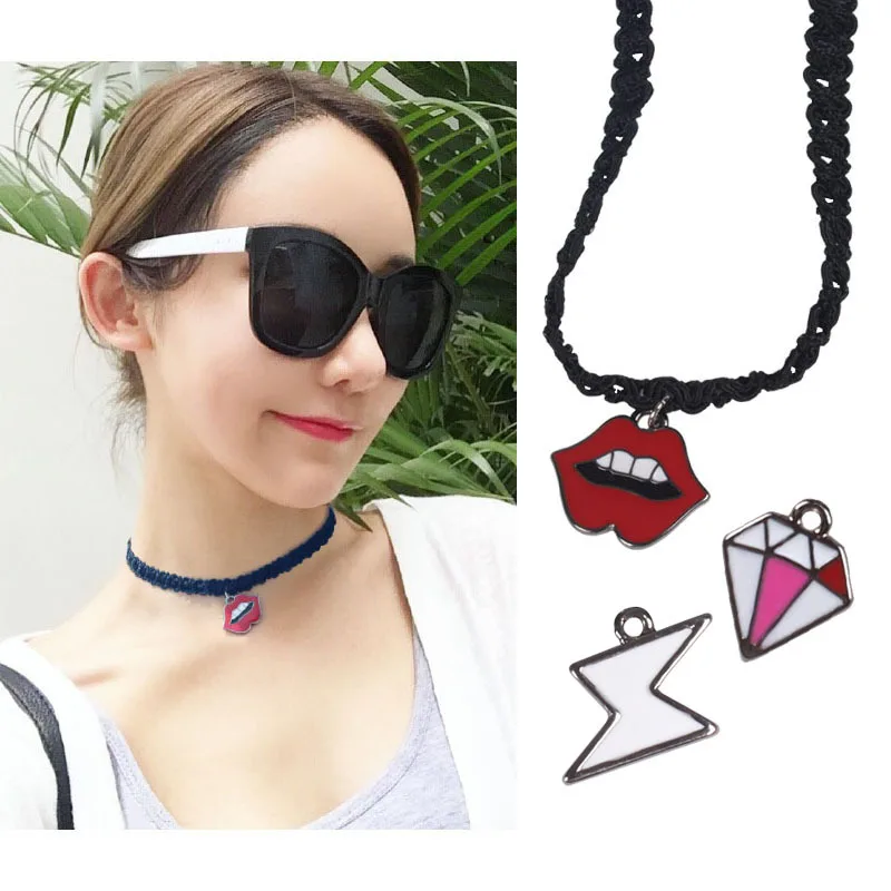 

free shipping 10pcs/ lot fashion jewelry accessories black lace enamel metal lip lighting choker necklace