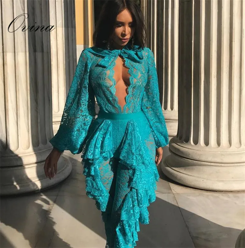 

High Quality Long Sleeve O-Neck Cascading Lace Fashion Rompers Womens Jumpsuit Club Party Clothing