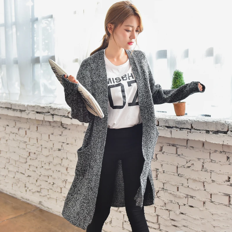 Invierno Mujeres Cardigan 2017 Largo Gris Coreana Chaqueta