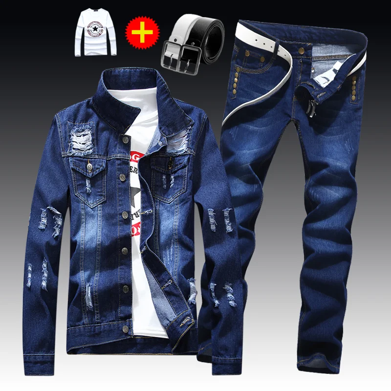 Spring Autumn Mens Slim Fit Denim Jacket Pants Long Sleeve Coat Casual 2pcs Set Buttons Front 1